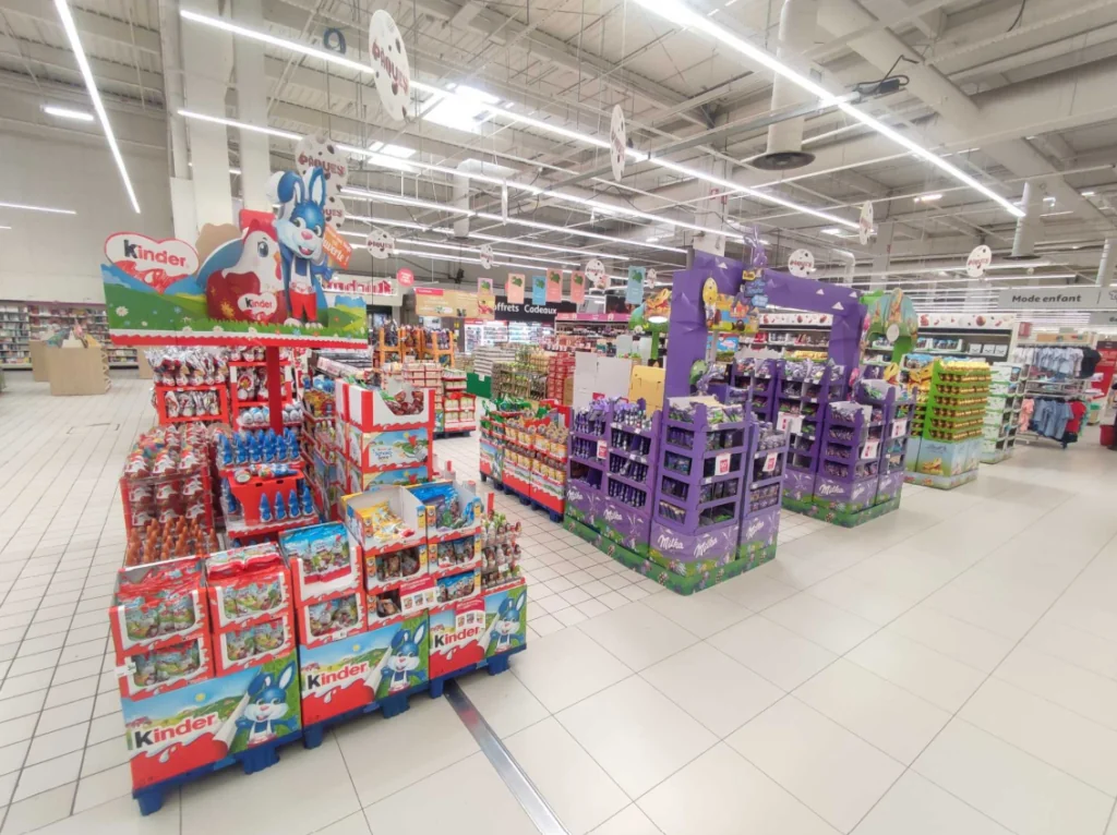 Easter chocolate products displayed in the central aisle of a French supermarket